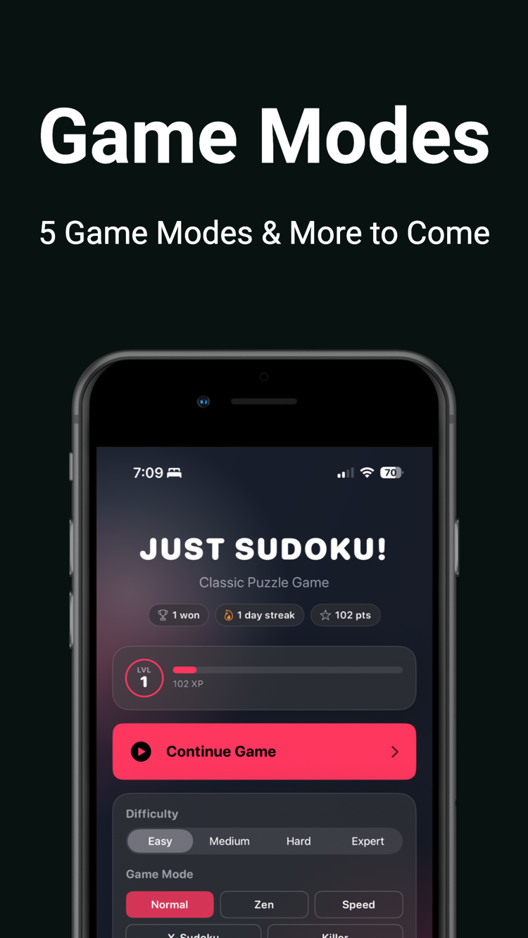 Five game modes: Normal, Zen, Speed, X-Sudoku and Killer