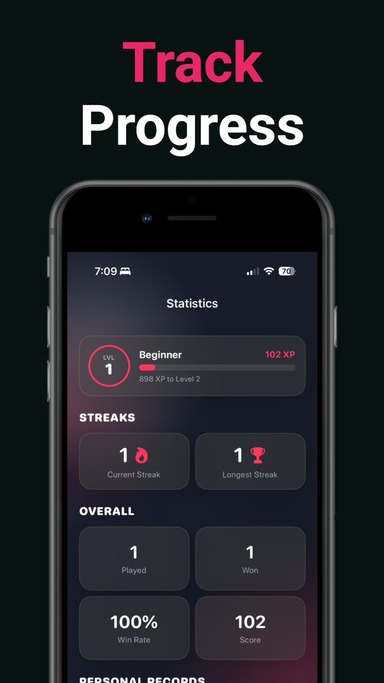 Statistics: XP level, streaks and win rate